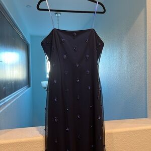 Papell Boutique Black Strapless Slip Dress with Blue Embellishments
